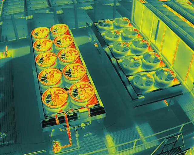 Thermal view of one condenser bank running hot beside a cooler bank