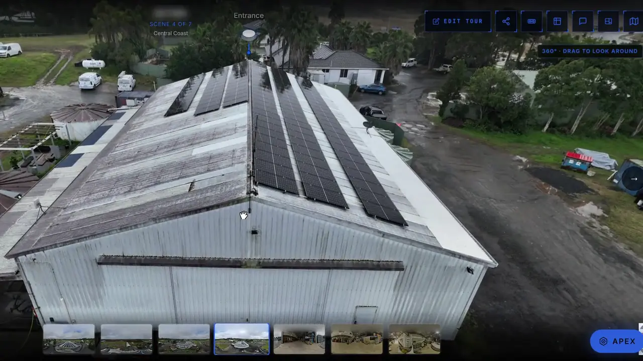 A real I Fly High 360° tour of a commercial site, with scene thumbnails and a floor plan